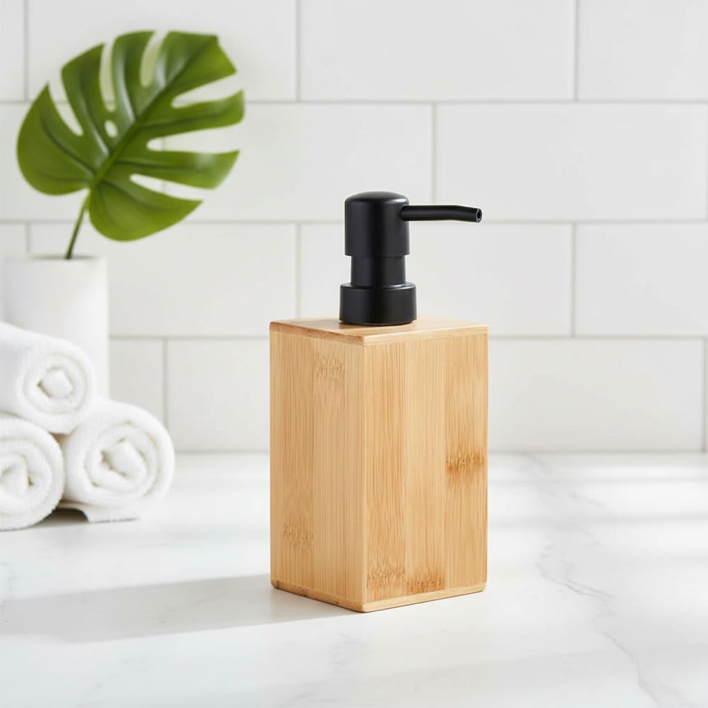 Bambu Sıvı Sabunluk | Ahşap El Sabunu, Losyon ve Şampuan Dispenseri | Modern Banyo, Mutfak ve Lavabo Düzenleyici (255ml) | Kare Bambu Sıvı Sabunluk | Mat Siyah Pompalı Ahşap Sabun Şişe