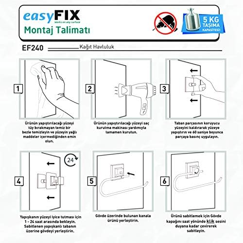 11.EF.240.02 Delme Vida Matkap Yok Easyfıx Yapıskanlı Kağıt Havluluk Mat Siyah, Siyah, Small