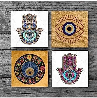 Nazar, Fatma Ana Eli  Taş Bardak Altlığı Seti - 4 Parça - Dekoratif, Rustik Mutfak Aksesuarı, 10x10 cm, Kaydırmaz Tabanlı, Şık ve Dayanıklı SC511