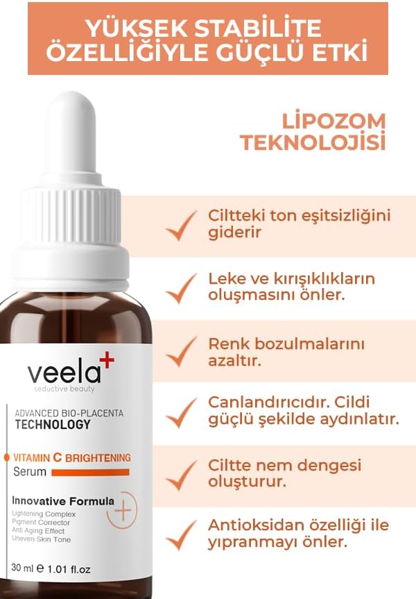 Veela Vitamin C Brightening Serum – Leke Karşıtı ve Leke Görünümü Azaltıcı & Aydınlatıcı Cilt Serumu | Liposom Teknolojisi ile Yüksek Stabilite, Anti Aging Effect 30 ml
