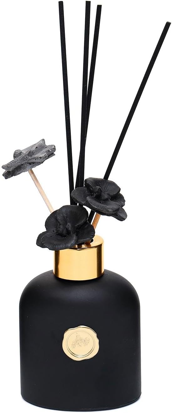 130 ml Siyah Cam Şişe Seramik Çiçek Taş Bambu Çubuklu Vanilya Oda Kokusu