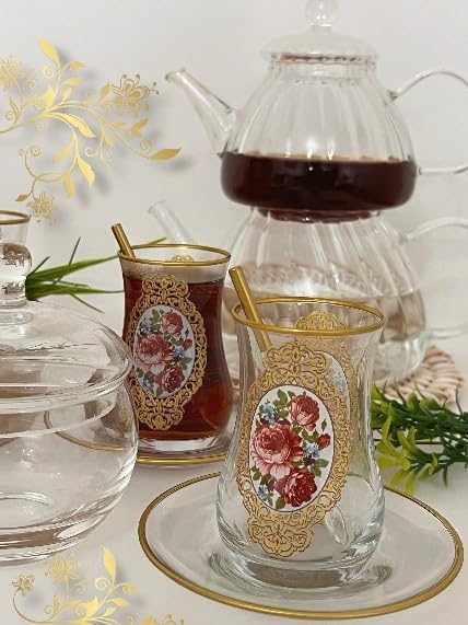 Altın çerçeve gül desenli cam bardak ve tabak 6 kişilik çay seti