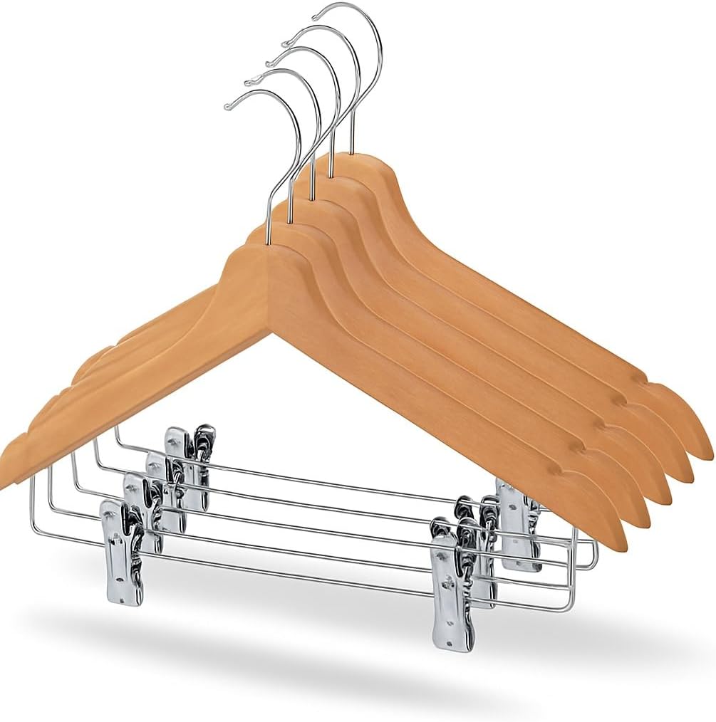 6 Adet Ahşap Elbise Askısı – Altı Mandallı Askı, Gömlek, Etek ve Pantolon Askısı, Dolap ve Gardrop İçin Mandallı Ahşap Askı-Çok Amaçlı Askılık (6)