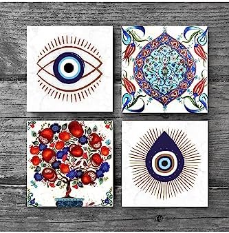 Nazar, Çini Sanatı, Nar Ağacı Taş Bardak Altlığı Seti - 4 Parça - Dekoratif, Rustik Mutfak Aksesuarı, 10x10 cm, Kaydırmaz Tabanlı, Şık ve Dayanıklı SC408