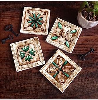 Fas Desenli Taş Bardak Altlığı Seti - 4 Parça - Dekoratif, Rustik Mutfak Aksesuarı, 10x10 cm, Kaydırmaz Tabanlı, Şık ve Dayanıklı SC145