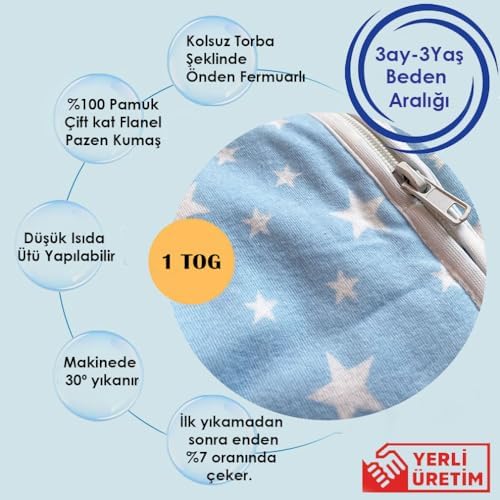 Kışlık ve Mevsimlik, Çıtçıtlı, Çift Kat Flanel Kumaş, Bebek Çocuk Uyku Tulumu, 1 TOG (3-18ay)