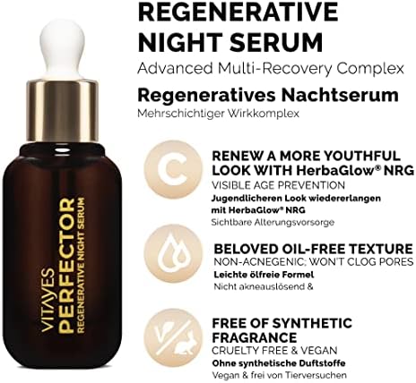 Vitayes Herbaglow NRG ve hiyalüronik asit içeren gece serumu, yüz bakımı için yenileyici etki 30 ml