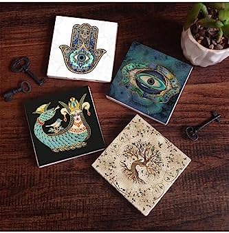 Nazar, Şahmeran, Hayat Ağacı, Fatma Ana Eli  Taş Bardak Altlığı Seti - 4 Parça - Dekoratif, Rustik Mutfak Aksesuarı, 10x10 cm, Kaydırmaz Tabanlı, Şık ve Dayanıklı SC165