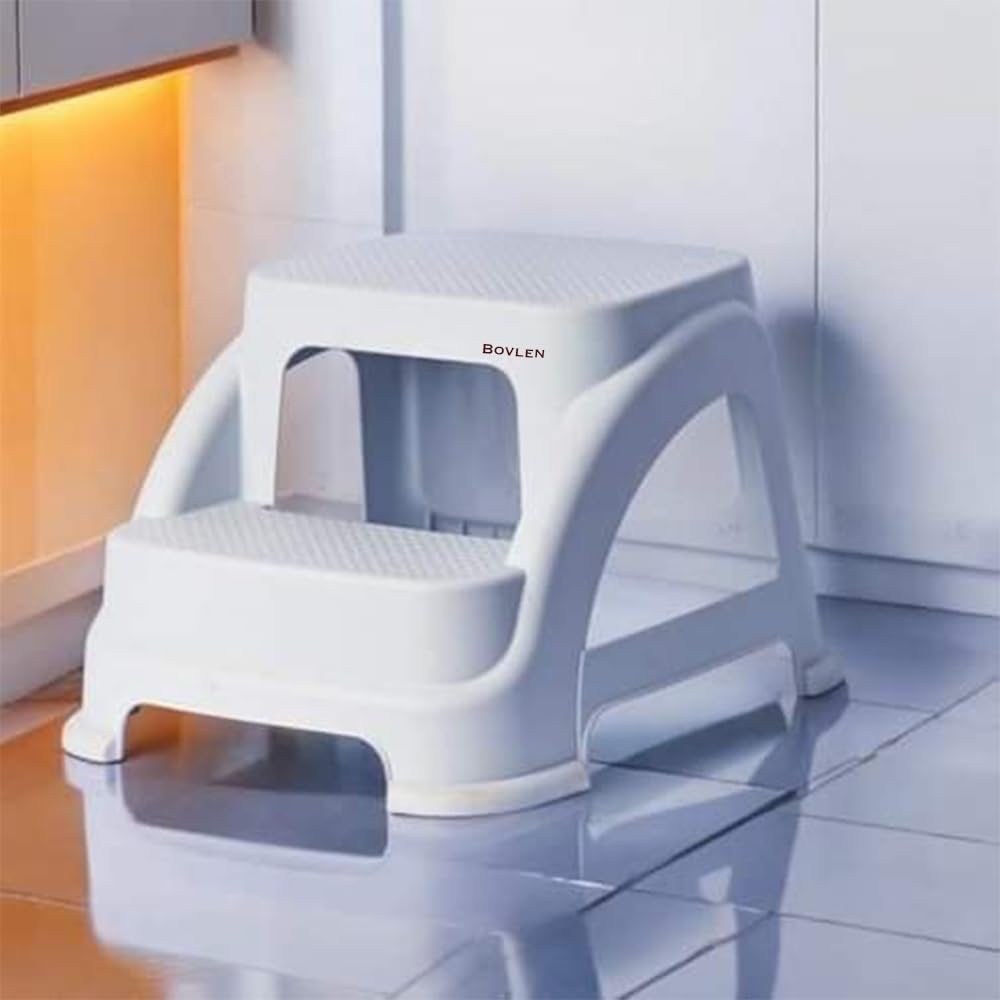 İki Basamaklı Kaymaz Tabure - 120 KG Taşıma Kapasiteli - Basamaklı Tabure - Sert Plastik (Beyaz)