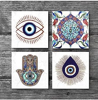 Nazar, Çini Sanatı, Fatma Ana Eli  Taş Bardak Altlığı Seti - 4 Parça - Dekoratif, Rustik Mutfak Aksesuarı, 10x10 cm, Kaydırmaz Tabanlı, Şık ve Dayanıklı SC410