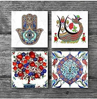 Şahmeran, Çini Sanatı, Nar Ağacı, Fatma Ana Eli Taş Bardak Altlığı Seti - 4 Parça - Dekoratif, Rustik Mutfak Aksesuarı, 10x10 cm, Kaydırmaz Tabanlı, Şık ve Dayanıklı SC186
