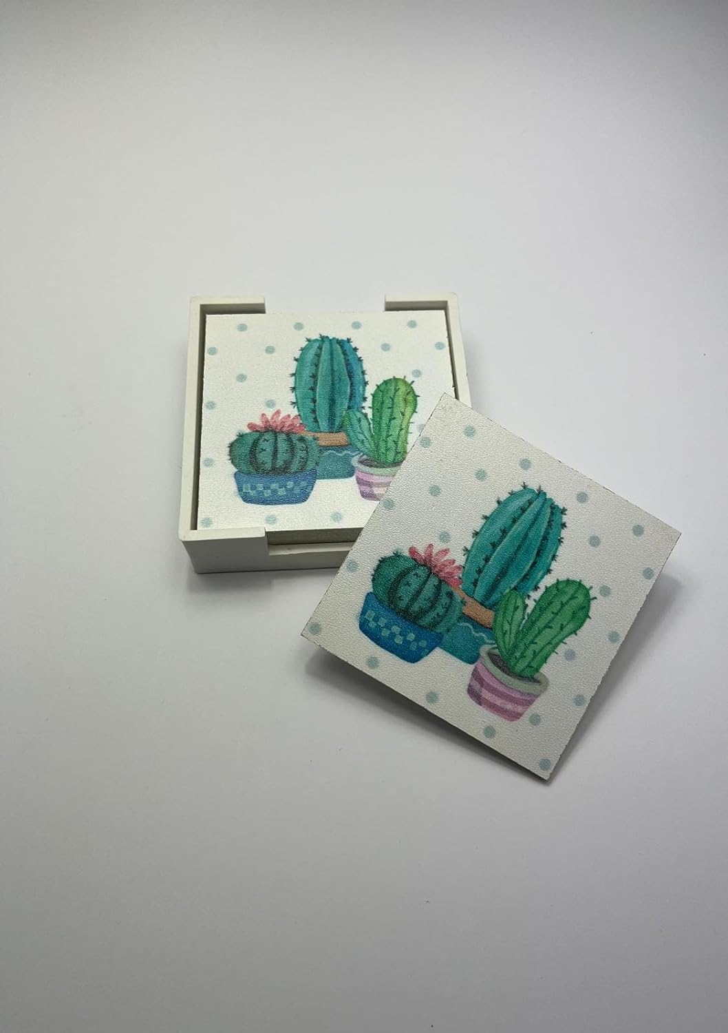 6’lı Ahşap Bardak Altlığı Seti (Kutulu - Kaktüs Desenli)