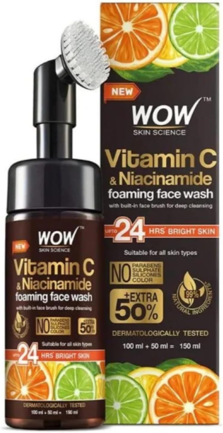 WOW Skin Science C Vitamini Yüz Yıkama Köpüğü Fırçalı Yüzde Doksan Sekiz Doğal içerik Aydınlatıcı, derin temizlik, 150ml