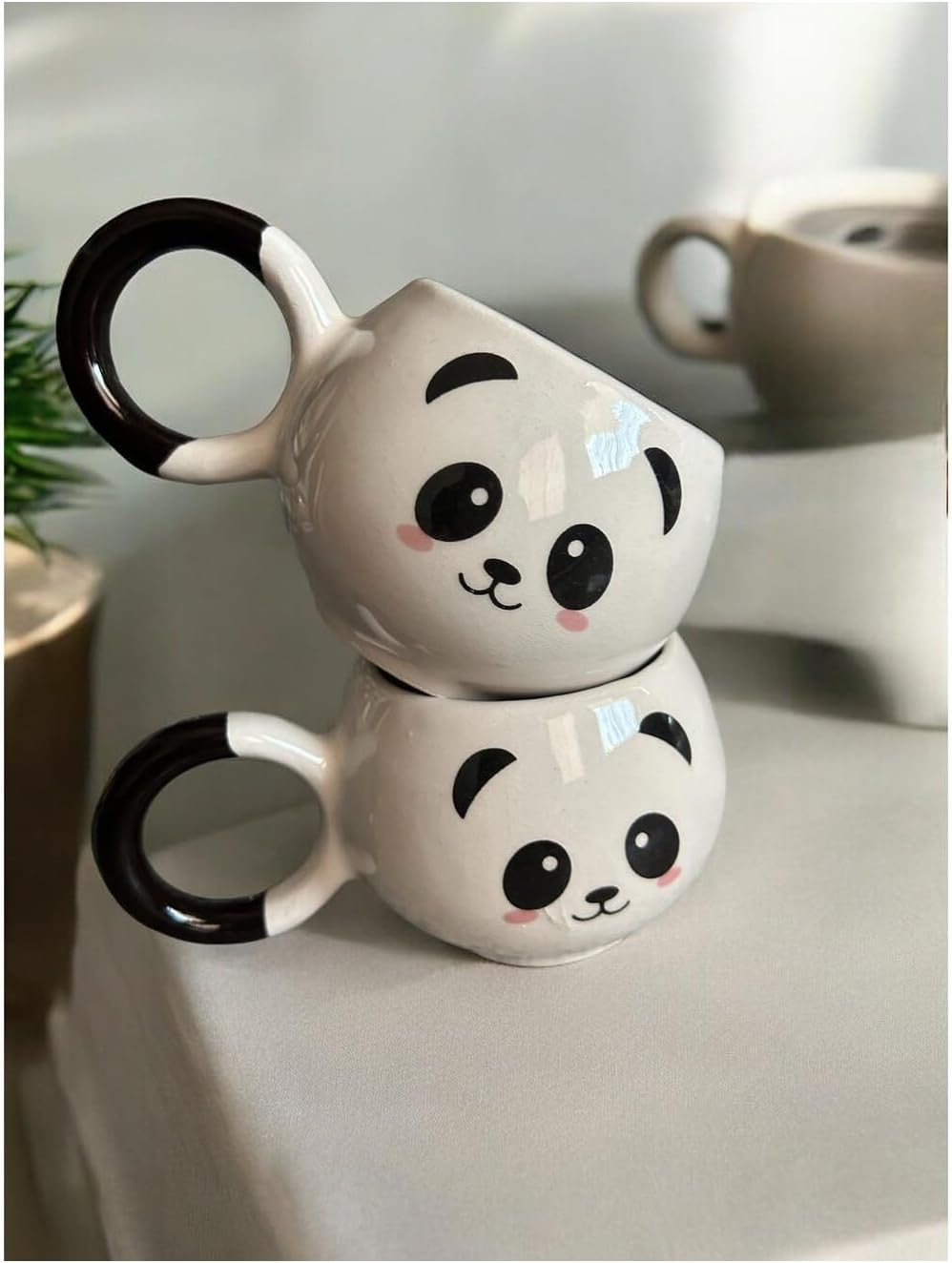 2'li Gülen Sevimli Çay Kahve El Yapımı Seramik Kupa Bardak