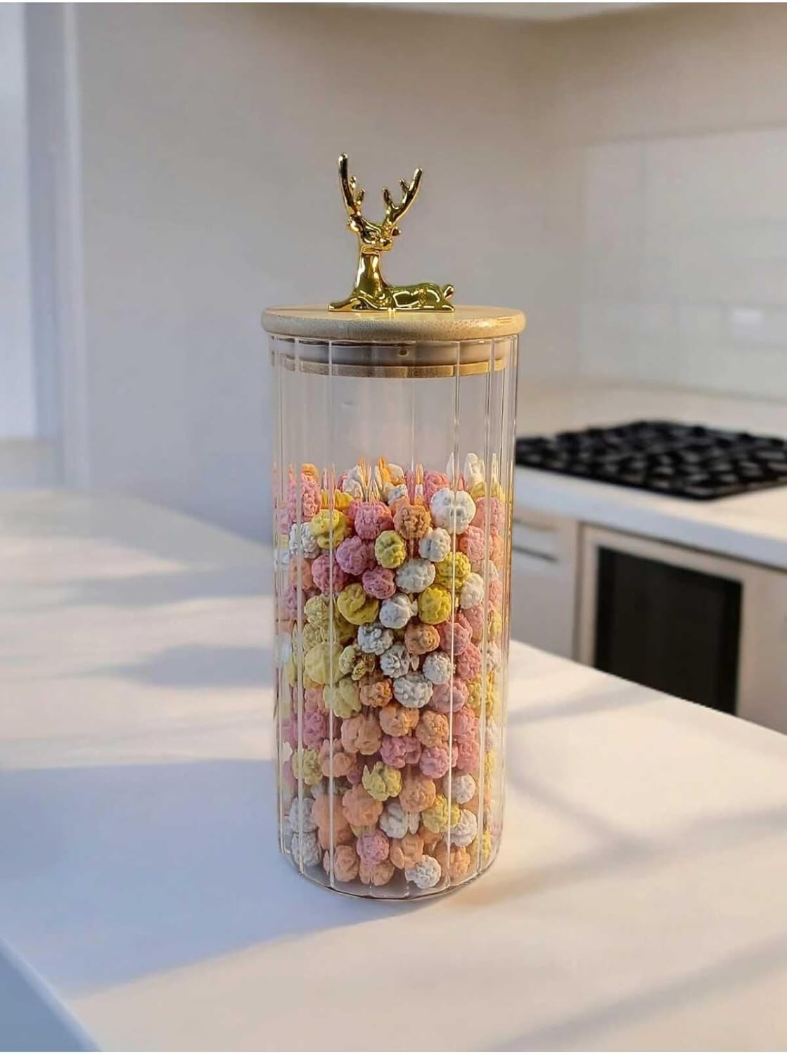 (9X20 Cm) 1 Adet Geyikli Cam Saklama Kavanozu Geyik Başı Altın Renk Hava Geçirmez Y-441,Şeffaf