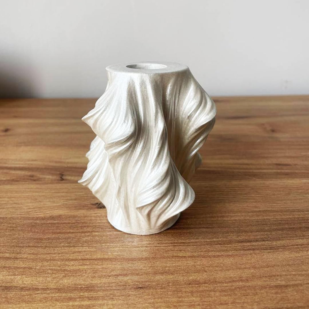 Dalgalı Desenli Dekoratif Mini Vazo| İnci Rengi | Döküm Seramik Tozu | El Boyaması