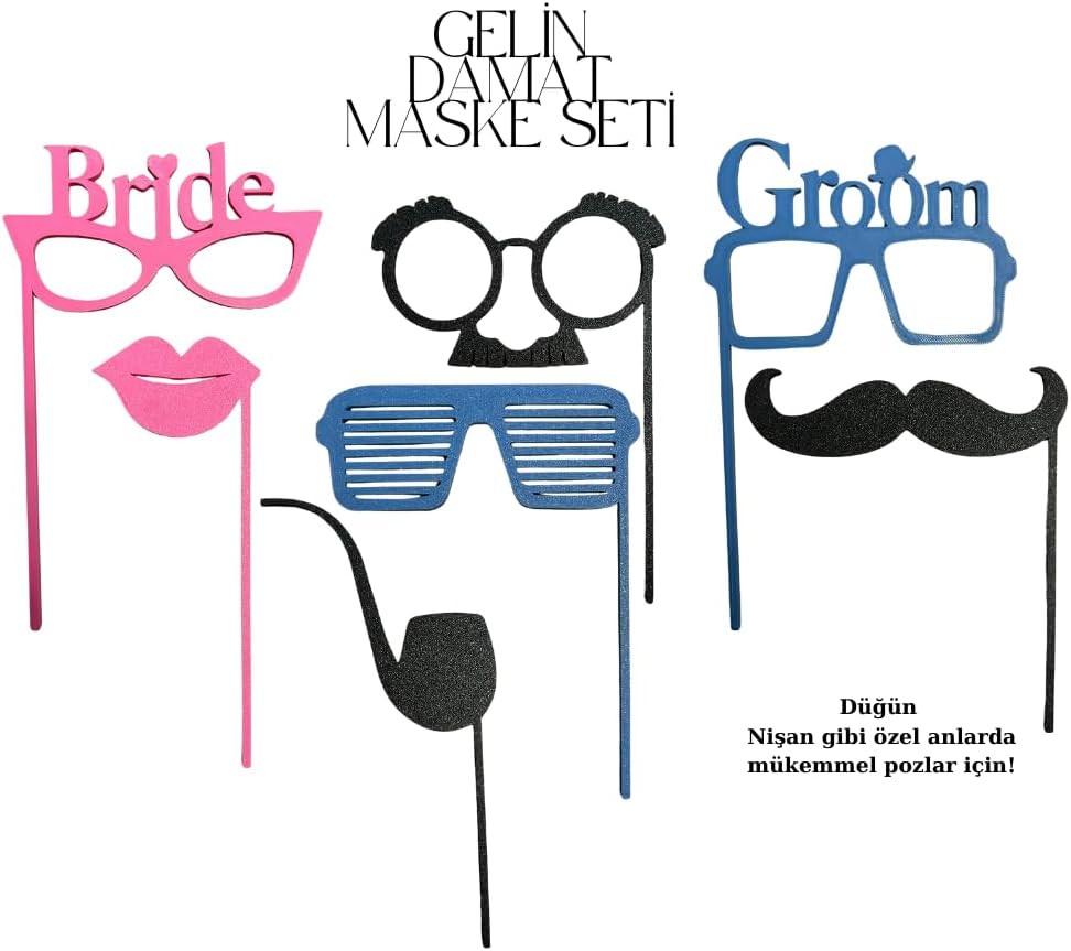 Gelin Damat 3D Baskı Parti Maskesi Seti Düğün & Nişan Pozları İçin Eğlenceli Aksesuar