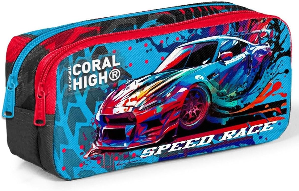 Gri Mavi Yarış Arabası İki Bölmeli Kalem Çantası - Erkek Çocuk