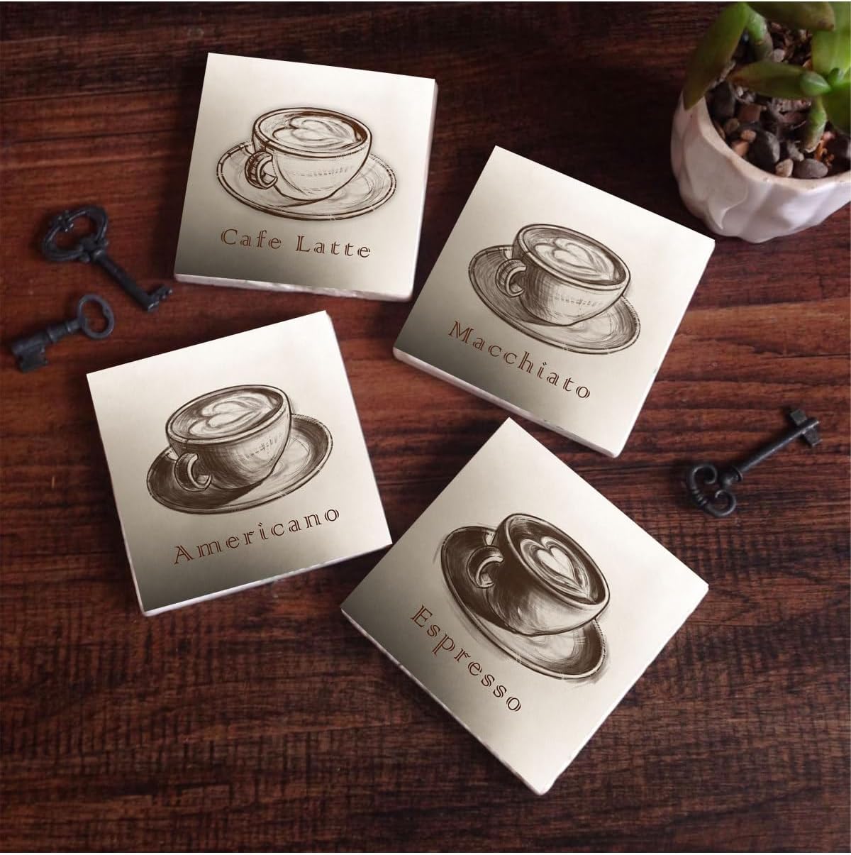 Kahve Taş Bardak Altlığı Seti - 4 Parça - Dekoratif, Rustik Mutfak Aksesuarı, 10x10 cm, Kaydırmaz Tabanlı, Şık ve Dayanıklı SC102