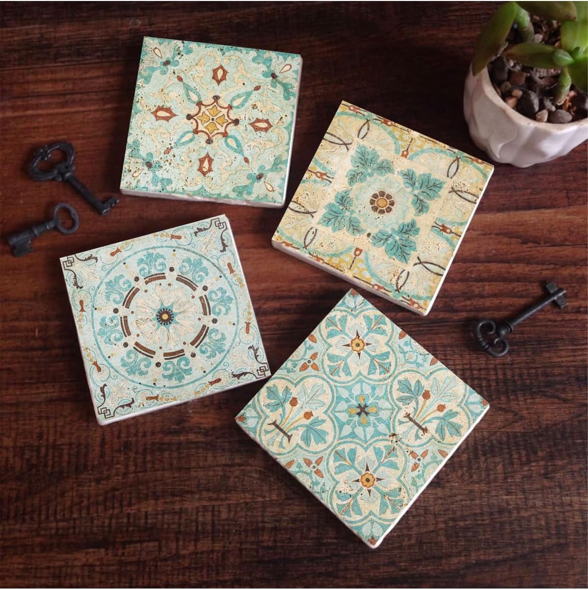 Desen Taş Bardak Altlığı Seti - 4 Parça - Dekoratif, Rustik Mutfak Aksesuarı, 10x10 cm, Kaydırmaz Tabanlı, Şık ve Dayanıklı SC140