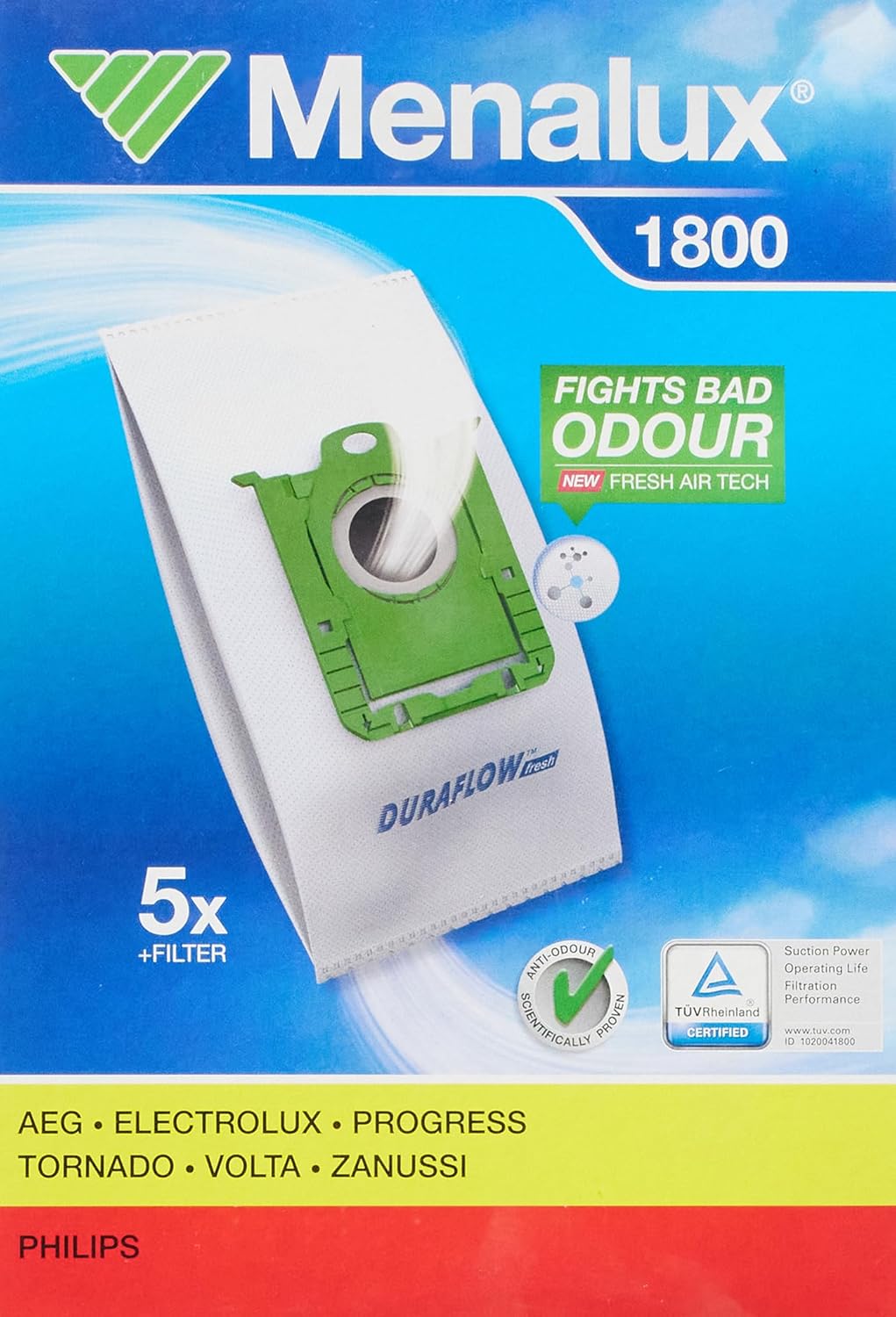 1800, 5 Staubbeutel, Duraflow fresh mit Anti-Odour, Passend u.a. für s-bag, UltraSilencer, ClassicSilence, ASP 71, APF 61, Essensio, ErgoClassic, US, ACS, AEO, AP
