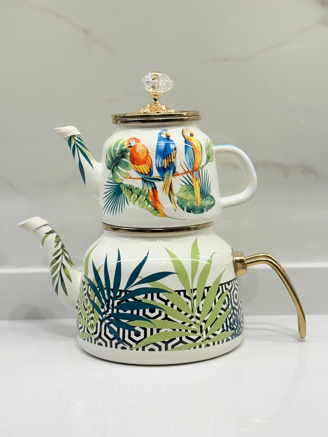 Papağan Desenli Kaplama Çaydanlık Takımı