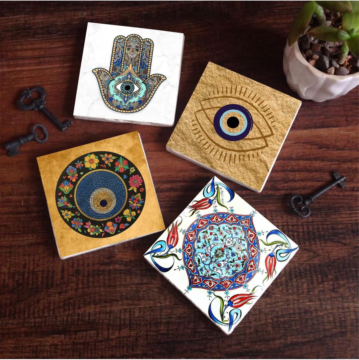 Nazar, Çini Sanatı, Fatma Ana Eli  Taş Bardak Altlığı Seti - 4 Parça - Dekoratif, Rustik Mutfak Aksesuarı, 10x10 cm, Kaydırmaz Tabanlı, Şık ve Dayanıklı SC508