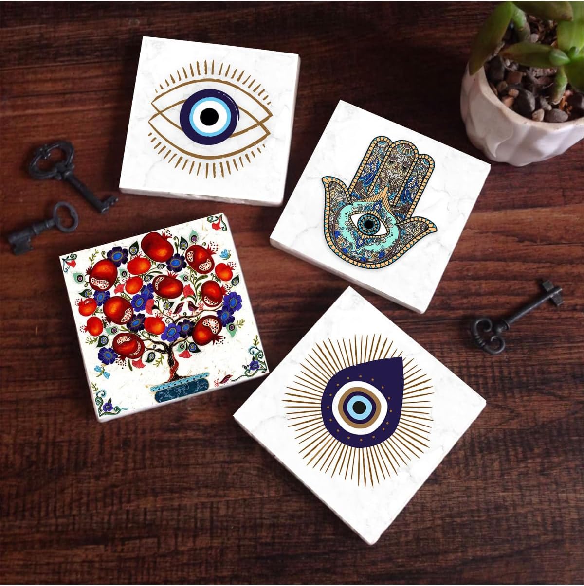 Nazar, Nar Ağacı, Fatma Ana Eli  Taş Bardak Altlığı Seti - 4 Parça - Dekoratif, Rustik Mutfak Aksesuarı, 10x10 cm, Kaydırmaz Tabanlı, Şık ve Dayanıklı SC409