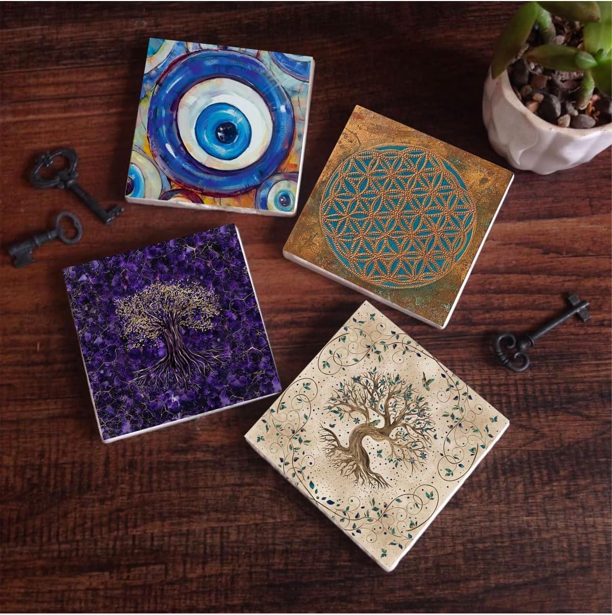 Nazar, Yaşam Çiçeği, Hayat Ağacı Taş Bardak Altlığı Seti - 4 Parça - Dekoratif, Rustik Mutfak Aksesuarı, 10x10 cm, Kaydırmaz Tabanlı, Şık ve Dayanıklı SC466