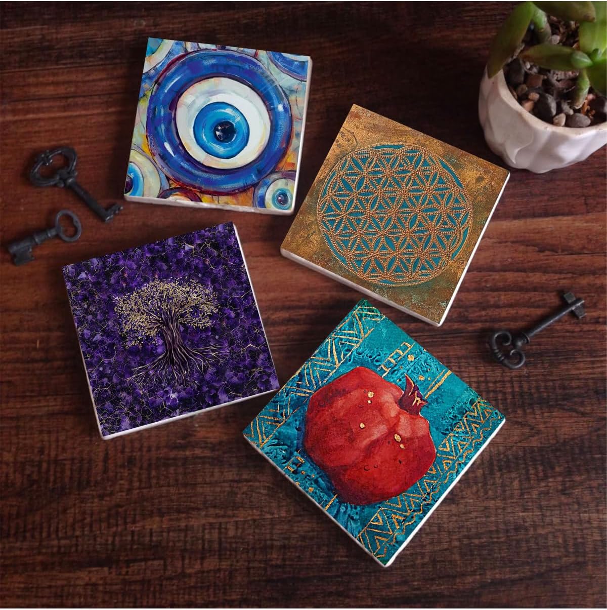 Nazar, Yaşam Çiçeği, Hayat Ağacı, Nar Taş Bardak Altlığı Seti - 4 Parça - Dekoratif, Rustik Mutfak Aksesuarı, 10x10 cm, Kaydırmaz Tabanlı, Şık ve Dayanıklı SC464