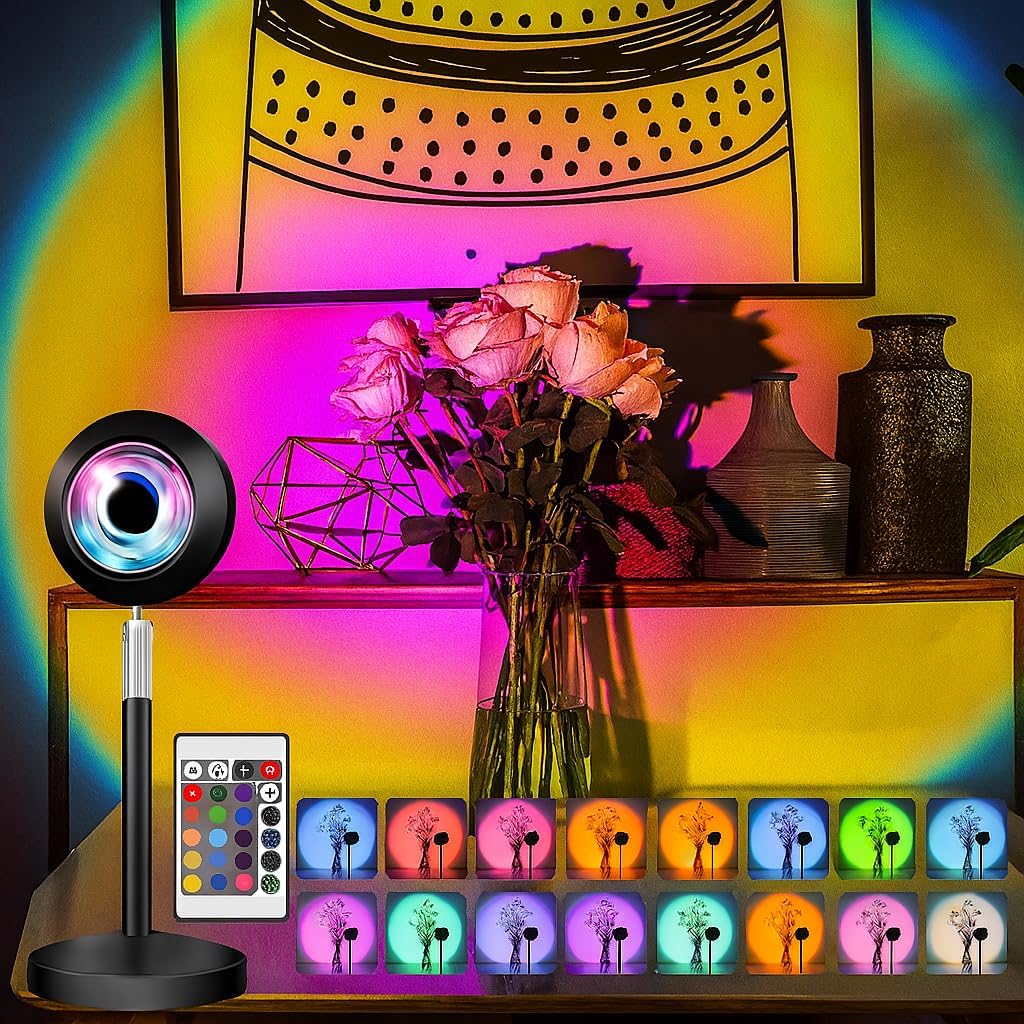 RGB Sunset Gün Batımı Projektör, 16 Renk Modlu, LED Ambiyans Işığı, HD Kristal Lens, 360° Döner Başlık, Uzaktan Kumandalı, Ayarlanır Parlaklık, Fotoğraf ve Sosyal Medya İçin Dekoratif Lamba