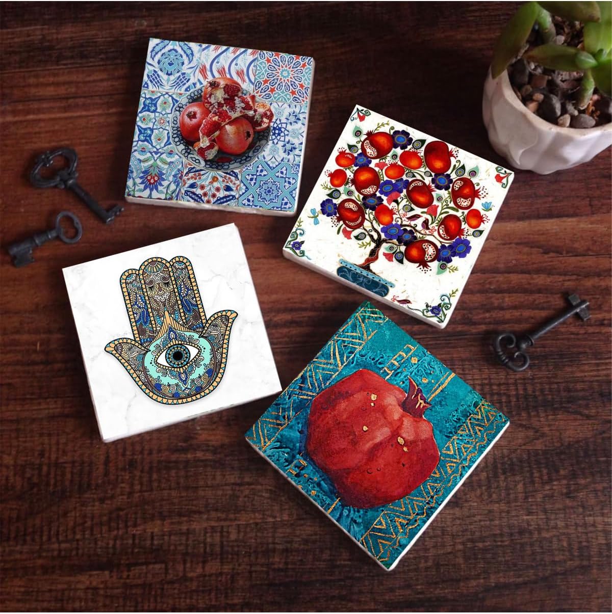 Nar Ağacı, Nar, Fatma Ana Eli  Taş Bardak Altlığı Seti - 4 Parça - Dekoratif, Rustik Mutfak Aksesuarı, 10x10 cm, Kaydırmaz Tabanlı, Şık ve Dayanıklı SC191