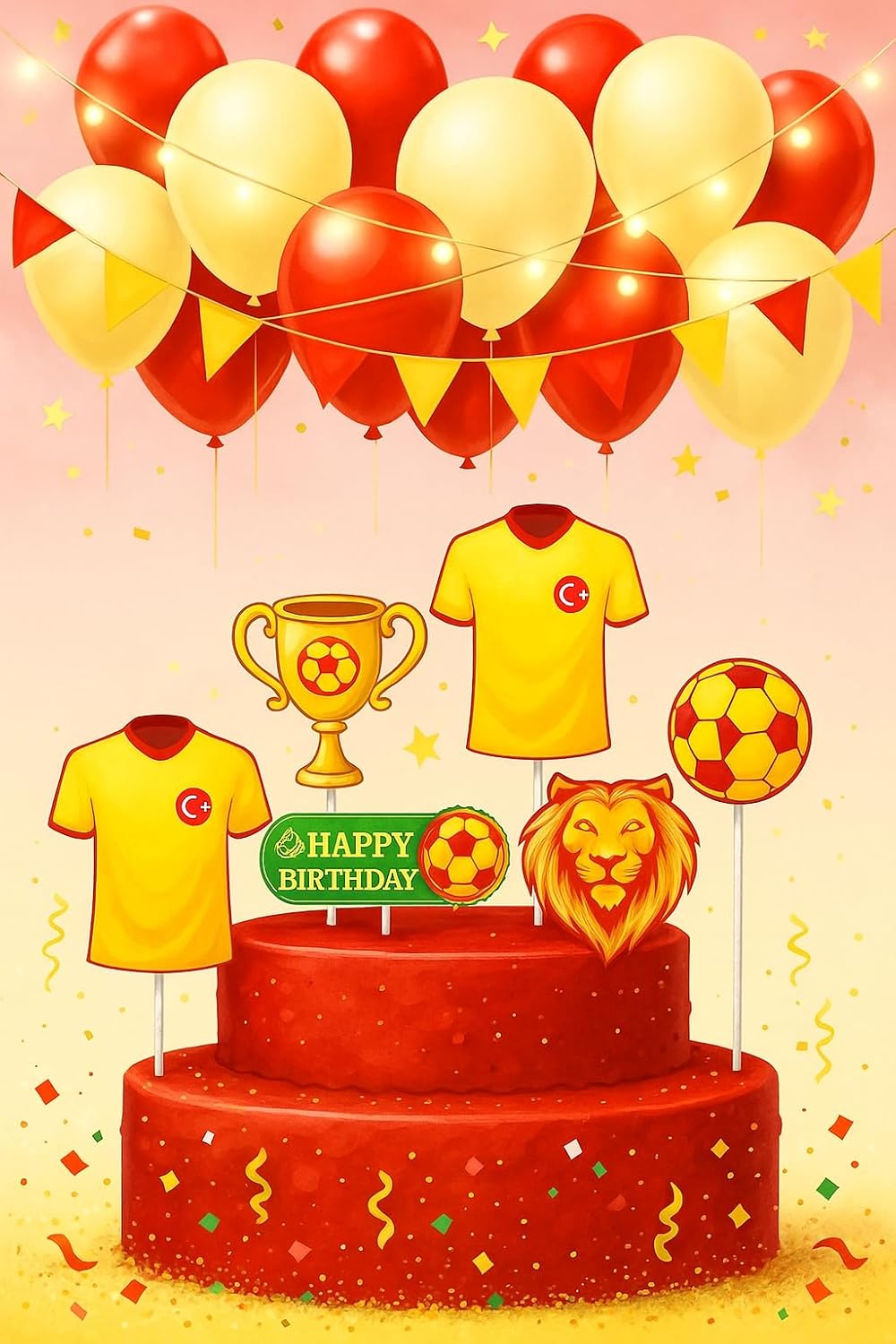 Futbol Temalı Pasta Süsleme Seti, Sarı-Kırmızı Renkli, 6 Parça, Doğum Günü Dekorasyonu