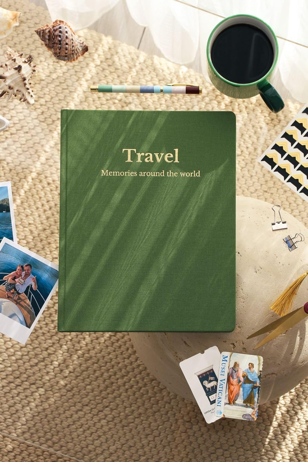 Travel Journal - Seyahat Anı Defteri – 22x28 cm – Kapaklı & Altın Yaldız Detaylı Hatıra Defteri (Yeşil)