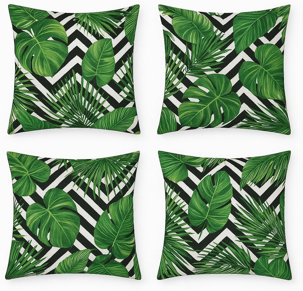 Dijital Baskı Yaprak Desenli Dekoratif Yastık Kılıfı 45x45 cm – Fermuarlı, Yıkanabilir, Modern Yeşil Tasarım, 4’lü Set – İç Yastık Dahil Değildir