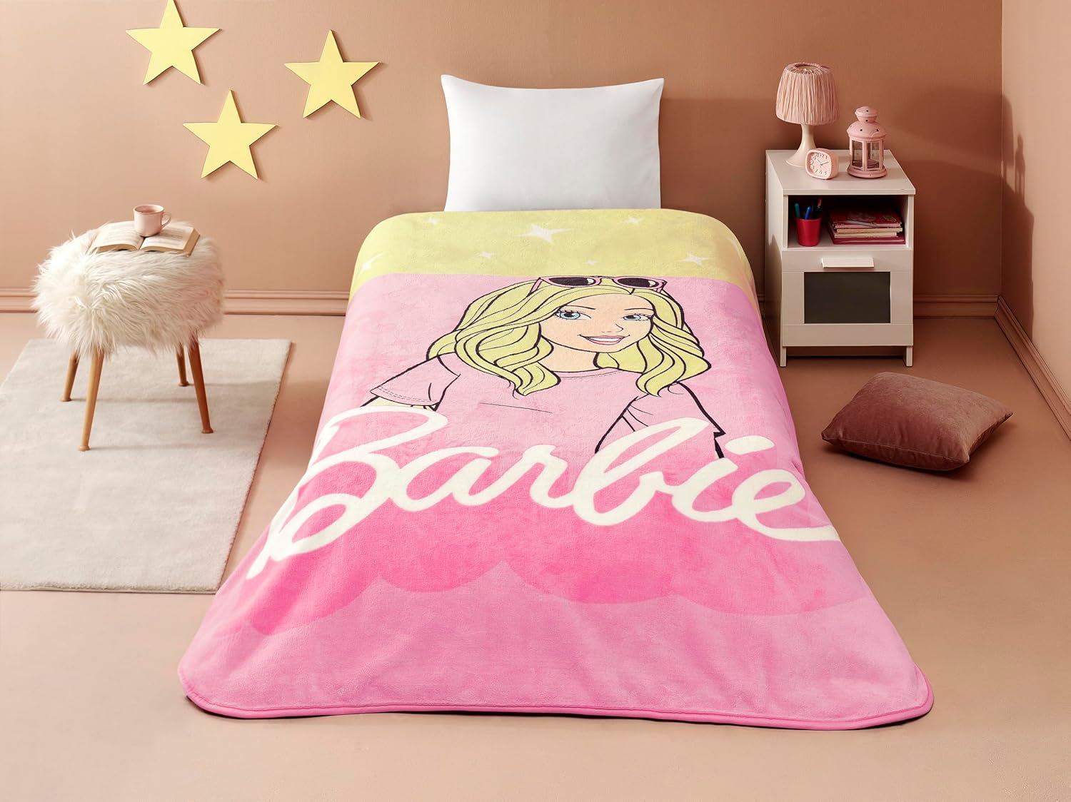 Malibu Çizgi Film Karakteri Pamuk-Polyester Karışım Battaniye, Sarı, Pembe, Tek Kişilik