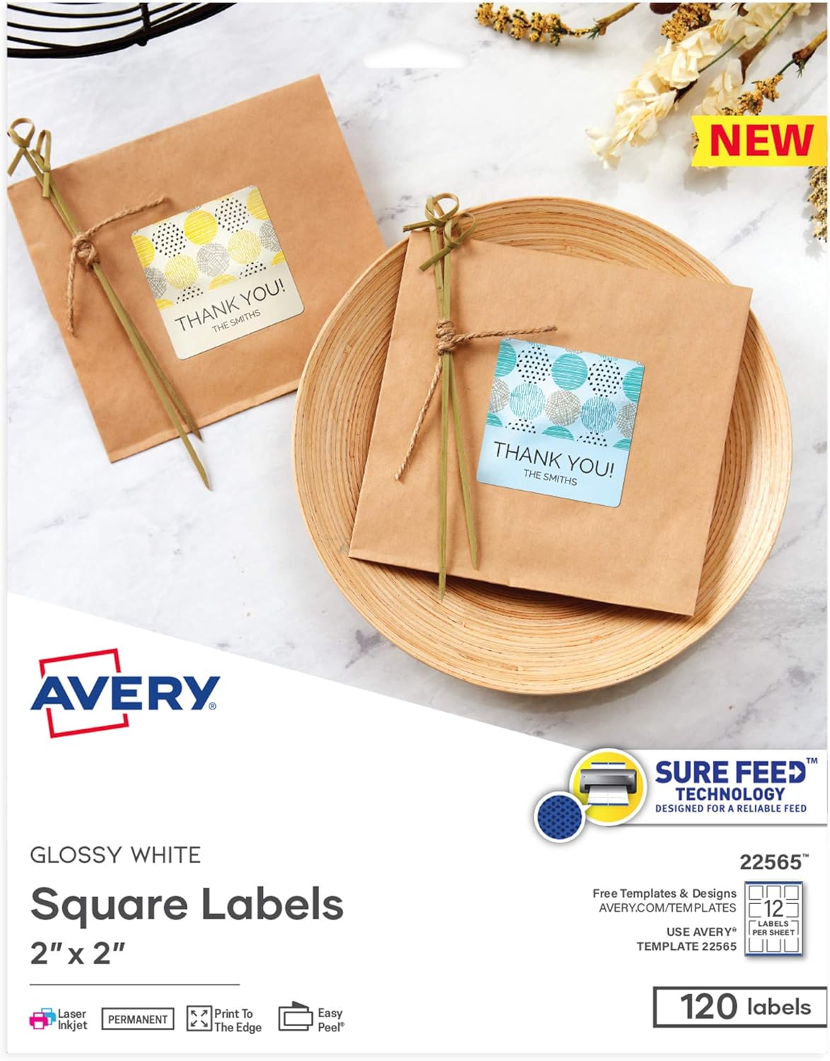 Yazdırılabilir Boş Kare Etiketler, 2 "x 2", Parlak Beyaz, 120 Özelleştirilebilir Etiket (22565)