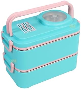 1200ml Lunchbox 2 Katlı 4 Bölmeli Mini Kaseli Çelik Sefer Tası Yemek Kutusu (Turkuaz-Pembe)