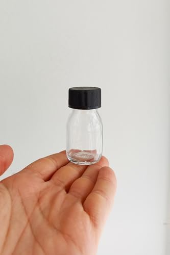 30 ml Sızdırmaz Kapaklı Şeffaf Shot Şişesi 30 Cc Ginger Şat Beyaz Cam Şişe 6 Adet (Kilitsiz Plastik Siyah Kapak)