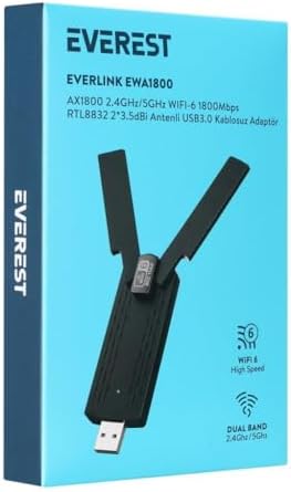 EWA1800 1800Mbps 2.4GHz/5GHz WIFI-6 AX1800 RTL8832 2 * 3.5dBi USB3.0 Kablosuz Adaptör