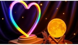 Işık kasabası(107) Neon Kalp Ve 3 D Led Sarı Küre Gece Lambası Sarı