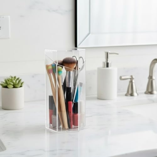 Akrilik Altıgen Fırça Organizeri – 20 cm Yükseklik, Şeffaf Makyaj Düzenleyici Kalemlik, Diş Fırçası ve Aksesuar Standı