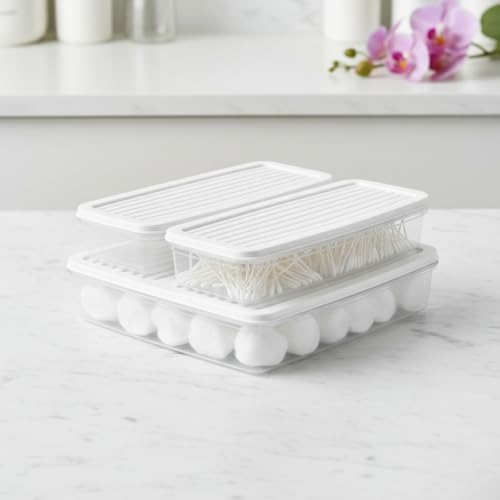 3’lü Slim Buzdolabı ve Derin Dondurucu Saklama Kabı Seti, 1 Büyük (28cm) ve 2 Küçük (27cm) İnce Uzun Erzak Kutusu, Gri ve Beyaz Kapaklı Mutfak Düzenleyici (BEYAZ - 3 LÜ SET)