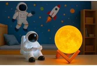 Işık kasabası(28) Oturan Astronot ve 3D Küre LED Gece Lambası tabletli astronot Sarı,Beyaz