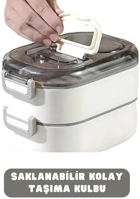 Bento 1000ml Lunchbox Çift Katlı 3 Bölmeli Çelik Sefer Tası Yemek Kutusu (Pembe)