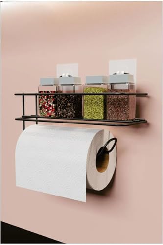 Yapışkanlı Metal Raf – Kağıt Havlu Askılı Duvar Tipi Baharatlık ve Şampuanlık, Banyo ve Mutfak İçin Uygun, Delmeden Yapıştırmalı Metal Askılı Organizer Raf