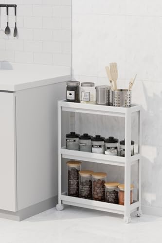 Life 3 Katlı Tekerlekli Slim İnce Beyaz Banyo Mutfak Rafı MIT1125