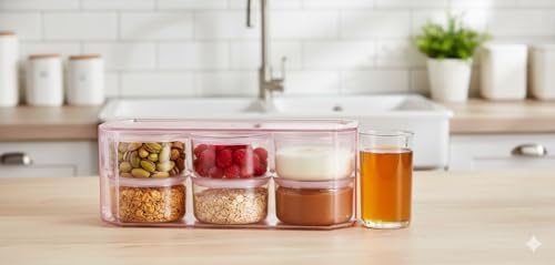 7 Parça Kristal Plastik Kahvaltılık Kuruyemişlik Saklama Kabı Set, 28 x 10 x 11 cm Saklama Kutusu, 6 Adet Vakum Kapaklı Kap, Pembe