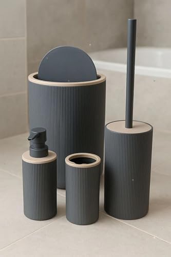 Quardi Banyo Seti Modern Çizgili - 7 litre Kova 4 Parça Banyo Çöp Kovası Seti (Gri)