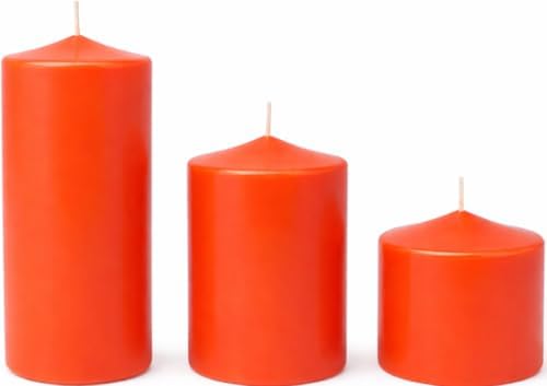 3’lü Dekoratif Silindir Blok Mum Seti – Turuncu Renk, İçten Yanan Fitilli Sütun Mumlar, 7 cm Çap, 7 cm – 10 cm – 15 cm Yükseklik, Ev Dekorasyonu, Masa ve Özel Gün Ambiyans Mumları